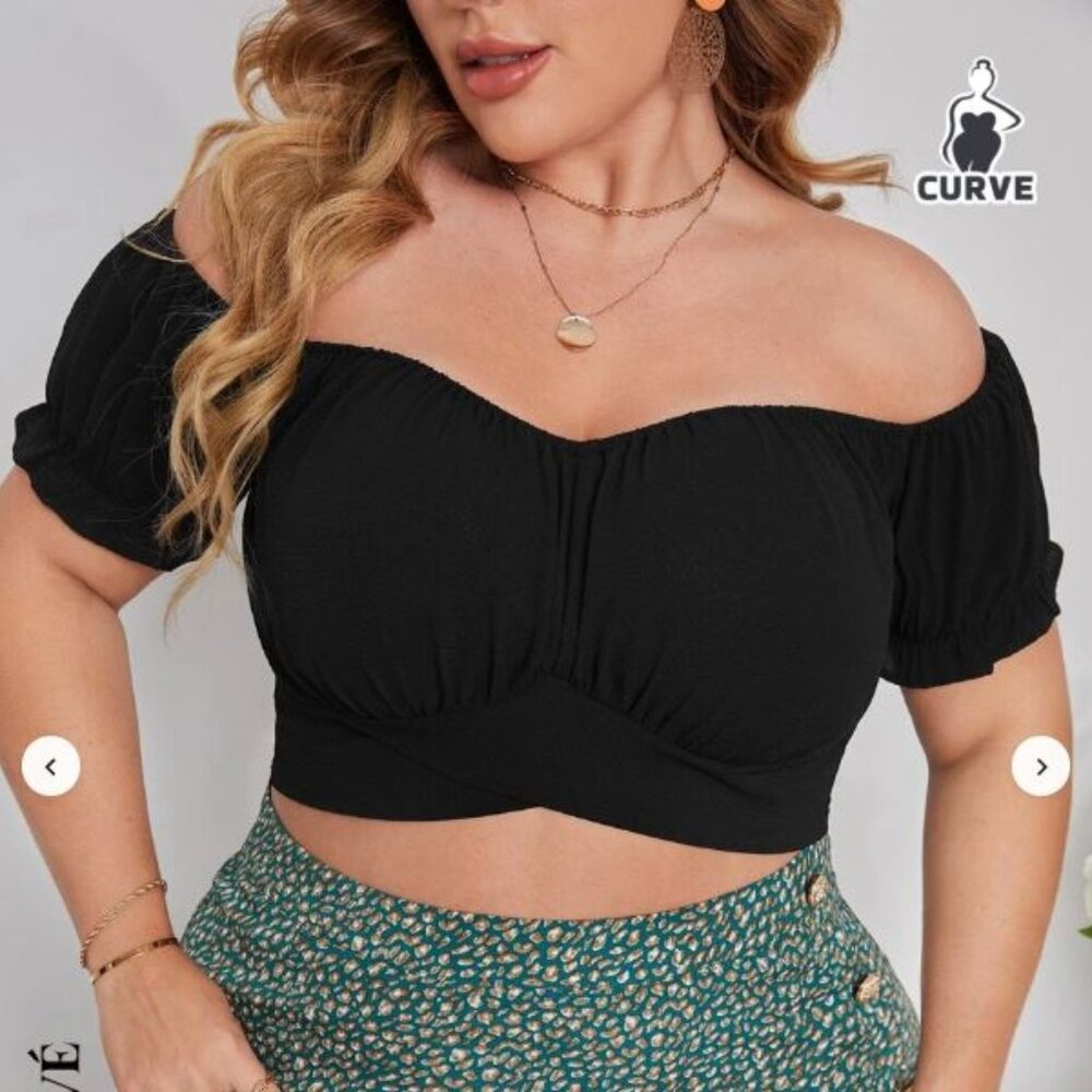 EUC - SHEIN Privé Plus Solid Tie Back Off Shoulder Blouse 2XL 2X BLACK